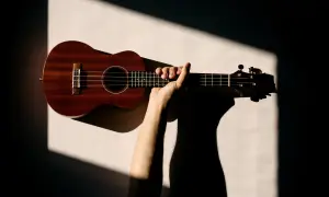 Dłoń trzymająca drewniane ukulele na jasnym tle z geometrycznymi cieniami.