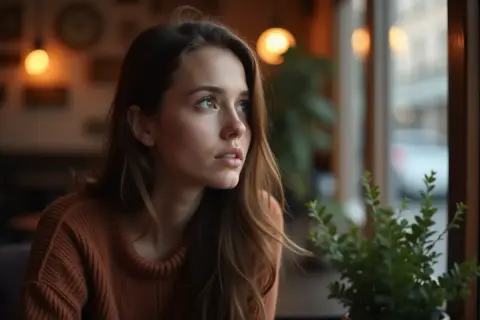 Portret młodej kobiety w brązowym swetrze, patrzącej w bok, z rośliną w tle.